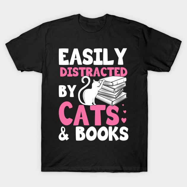 Easily Distracted By Cats And Books Gift T-Shirt by Delightful Designs